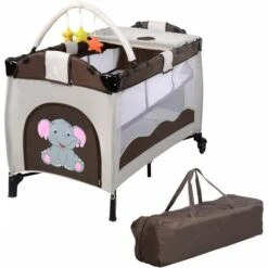 COSTWAY Lettino Da Viaggio Lettino Da Campeggio Per Bambini Culla Neonato, Incluso Materasso + Accessori, 125 X 66 X 77 Cm (Marrone)