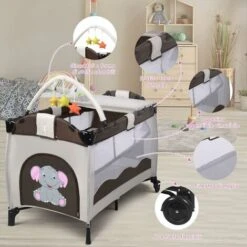 COSTWAY Lettino Da Viaggio Lettino Da Campeggio Per Bambini Culla Neonato, Incluso Materasso + Accessori, 125 X 66 X 77 Cm (Marrone) -Cameretta Per Bambini 15820146 4