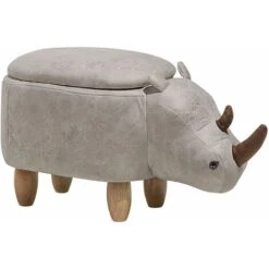Pouf Animaletto Forma Di Rinoceronte Ecopelle Grigia Chiara Gambe Legno Rhino