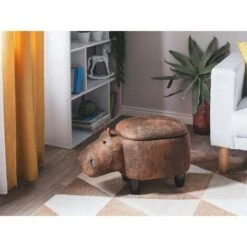 Sgabello Bambini Forma Ippopotamo Ecopelle Marrone Imbottita Gambe Legno Hippo -Cameretta Per Bambini 16793466 2