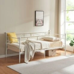 [en.casa] Divano Letto Metallo Con Zona Di Riposo 200 X 90 Cm Letto Singolo, Sofa Con Testiera, Pediera - Bianco