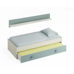 Letto Singolo, Struttura Letto Per Cameretta, Letto Con Lettino Estraibile O Cassettone E Mensola Abbinata, Cm 201x98h43, Bianco E Verde Acqua