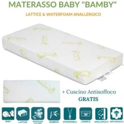 EVERGREENWEB - Materasso Lettino O Culla 60x125 In LATTICE E Waterfoam Per Bambini Alto 12 Cm + Cuscino ANTISOFFOCO Su Misura GRATIS Fodera BAMBOO, Rivestimento Sfoderabile Anallergico Lavabile BAMBY