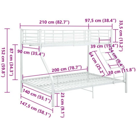Letto A Castello Bianco In Metallo 140x200 Cm/90x200 Cm VidaXL 5 Letto A Castello Bianco In Metallo 140x200 Cm/90x200 Cm VidaXL - immagine 3