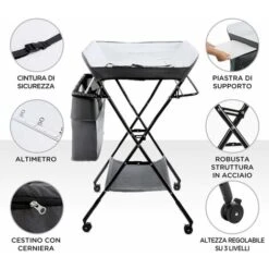Fasciatoio Pieghevole Portatile, Bagnetto Cambio Pannolini Per Bambini Neonati, Con Ruote E Vaschetta, Grigio 9 Fasciatoio Pieghevole Portatile, Bagnetto Cambio Pannolini Per Bambini Neonati, Con Ruote E Vaschetta, Grigio -Cameretta Per Bambini 23710621 3