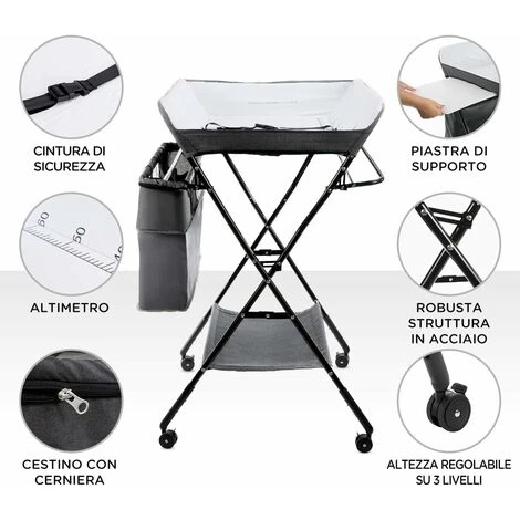 Fasciatoio Pieghevole Portatile, Bagnetto Cambio Pannolini Per Bambini Neonati, Con Ruote E Vaschetta, Grigio 5 Fasciatoio Pieghevole Portatile, Bagnetto Cambio Pannolini Per Bambini Neonati, Con Ruote E Vaschetta, Grigio - immagine 3