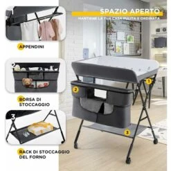 Fasciatoio Pieghevole Portatile, Bagnetto Cambio Pannolini Per Bambini Neonati, Con Ruote E Vaschetta, Grigio 10 Fasciatoio Pieghevole Portatile, Bagnetto Cambio Pannolini Per Bambini Neonati, Con Ruote E Vaschetta, Grigio -Cameretta Per Bambini 23710621 4