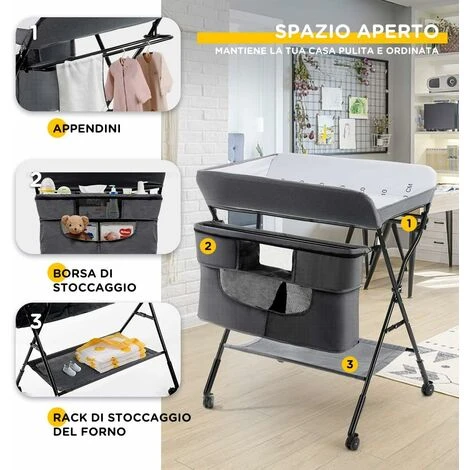 Fasciatoio Pieghevole Portatile, Bagnetto Cambio Pannolini Per Bambini Neonati, Con Ruote E Vaschetta, Grigio 6 Fasciatoio Pieghevole Portatile, Bagnetto Cambio Pannolini Per Bambini Neonati, Con Ruote E Vaschetta, Grigio - immagine 4