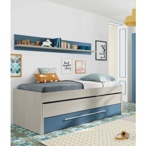 Dmora Letto Singolo Sunnyvale, Struttura Letto Per Cameretta, Letto Singolo Con Lettino Estraibile E Cassettone E Mensola Abbinata, Cm 199x96h65, Bianco E Blu, Con Imballo Rinforzato 4 Dmora Letto Singolo Sunnyvale, Struttura Letto Per Cameretta, Letto Singolo Con Lettino Estraibile E Cassettone E Mensola Abbinata, Cm 199x96h65, Bianco E Blu, Con Imballo Rinforzato - immagine 2
