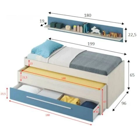 Dmora Letto Singolo Sunnyvale, Struttura Letto Per Cameretta, Letto Singolo Con Lettino Estraibile E Cassettone E Mensola Abbinata, Cm 199x96h65, Bianco E Blu, Con Imballo Rinforzato 5 Dmora Letto Singolo Sunnyvale, Struttura Letto Per Cameretta, Letto Singolo Con Lettino Estraibile E Cassettone E Mensola Abbinata, Cm 199x96h65, Bianco E Blu, Con Imballo Rinforzato - immagine 3