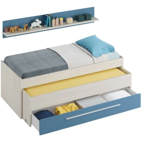 Dmora Letto Singolo Sunnyvale, Struttura Letto Per Cameretta, Letto Singolo Con Lettino Estraibile E Cassettone E Mensola Abbinata, Cm 199x96h65, Bianco E Blu, Con Imballo Rinforzato 6 Dmora Letto Singolo Sunnyvale, Struttura Letto Per Cameretta, Letto Singolo Con Lettino Estraibile E Cassettone E Mensola Abbinata, Cm 199x96h65, Bianco E Blu, Con Imballo Rinforzato - immagine 4