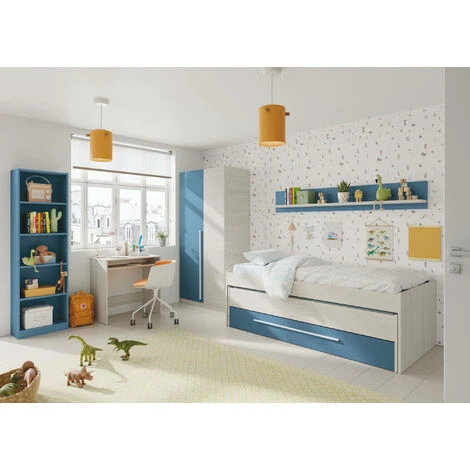 Dmora Letto Singolo Sunnyvale, Struttura Letto Per Cameretta, Letto Singolo Con Lettino Estraibile E Cassettone E Mensola Abbinata, Cm 199x96h65, Bianco E Blu, Con Imballo Rinforzato 7 Dmora Letto Singolo Sunnyvale, Struttura Letto Per Cameretta, Letto Singolo Con Lettino Estraibile E Cassettone E Mensola Abbinata, Cm 199x96h65, Bianco E Blu, Con Imballo Rinforzato - immagine 5