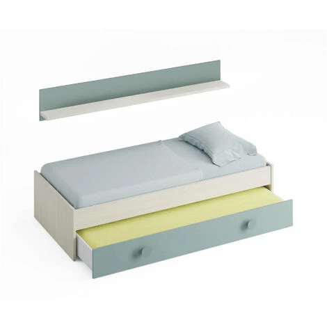 Dmora Letto Singolo Lubbock, Struttura Letto Per Cameretta, Letto Con Lettino Estraibile O Cassettone E Mensola Abbinata, Cm 201x98h43, Bianco E Verde Acqua, Con Imballo Rinforzato 4 Dmora Letto Singolo Lubbock, Struttura Letto Per Cameretta, Letto Con Lettino Estraibile O Cassettone E Mensola Abbinata, Cm 201x98h43, Bianco E Verde Acqua, Con Imballo Rinforzato - immagine 2