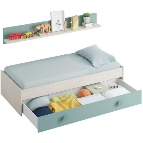 Dmora Letto Singolo Lubbock, Struttura Letto Per Cameretta, Letto Con Lettino Estraibile O Cassettone E Mensola Abbinata, Cm 201x98h43, Bianco E Verde Acqua, Con Imballo Rinforzato 6 Dmora Letto Singolo Lubbock, Struttura Letto Per Cameretta, Letto Con Lettino Estraibile O Cassettone E Mensola Abbinata, Cm 201x98h43, Bianco E Verde Acqua, Con Imballo Rinforzato - immagine 4