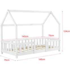 Letto Per Bambino A Forma Di Casetta Con Barriera Anticaduta 140x70 Cm Lettino In Legno Di Pino Con Sponde / Sbarre Di Sicurezza - Bianco -Cameretta Per Bambini 24084911 3