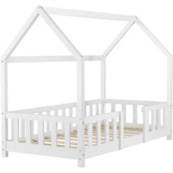 Letto Per Bambino A Forma Di Casetta Con Barriera Anticaduta 140x70 Cm Lettino In Legno Di Pino Con Sponde / Sbarre Di Sicurezza - Bianco -Cameretta Per Bambini 24084911 4