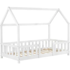 Letto Per Bambino A Forma Di Casetta Con Barriera Anticaduta 160x80 Cm Lettino In Legno Di Pino Con Sponde / Sbarre Di Sicurezza - Bianco -Cameretta Per Bambini 24084918 2