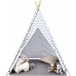 COSTWAY Tenda Da Gioco Indiana Per Bambini, Teepee Di Cotone Con Tappetino Imbottito, Custodia Per Il Trasporto, Grigio, Alto 160cm