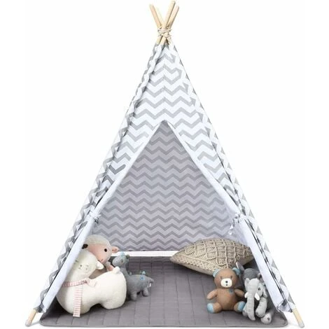 COSTWAY Tenda Da Gioco Indiana Per Bambini, Teepee Di Cotone Con Tappetino Imbottito, Custodia Per Il Trasporto, Grigio, Alto 160cm 3 COSTWAY Tenda Da Gioco Indiana Per Bambini, Teepee Di Cotone Con Tappetino Imbottito, Custodia Per Il Trasporto, Grigio, Alto 160cm