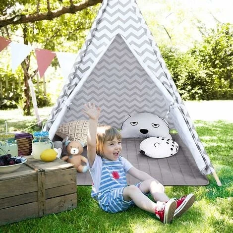 COSTWAY Tenda Da Gioco Indiana Per Bambini, Teepee Di Cotone Con Tappetino Imbottito, Custodia Per Il Trasporto, Grigio, Alto 160cm 4 COSTWAY Tenda Da Gioco Indiana Per Bambini, Teepee Di Cotone Con Tappetino Imbottito, Custodia Per Il Trasporto, Grigio, Alto 160cm - immagine 2