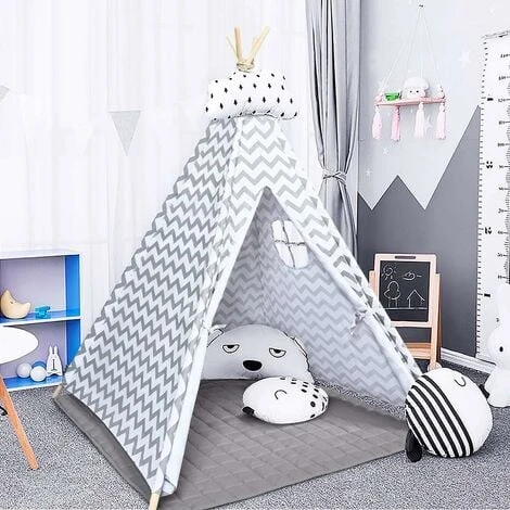 COSTWAY Tenda Da Gioco Indiana Per Bambini, Teepee Di Cotone Con Tappetino Imbottito, Custodia Per Il Trasporto, Grigio, Alto 160cm 5 COSTWAY Tenda Da Gioco Indiana Per Bambini, Teepee Di Cotone Con Tappetino Imbottito, Custodia Per Il Trasporto, Grigio, Alto 160cm - immagine 3