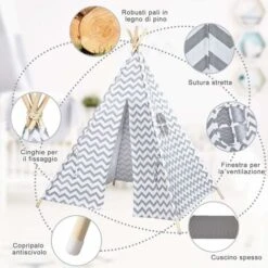 COSTWAY Tenda Da Gioco Indiana Per Bambini, Teepee Di Cotone Con Tappetino Imbottito, Custodia Per Il Trasporto, Grigio, Alto 160cm 10 COSTWAY Tenda Da Gioco Indiana Per Bambini, Teepee Di Cotone Con Tappetino Imbottito, Custodia Per Il Trasporto, Grigio, Alto 160cm -Cameretta Per Bambini 24107240 4
