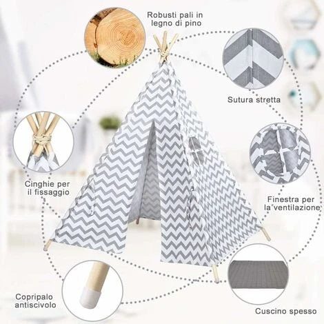 COSTWAY Tenda Da Gioco Indiana Per Bambini, Teepee Di Cotone Con Tappetino Imbottito, Custodia Per Il Trasporto, Grigio, Alto 160cm 6 COSTWAY Tenda Da Gioco Indiana Per Bambini, Teepee Di Cotone Con Tappetino Imbottito, Custodia Per Il Trasporto, Grigio, Alto 160cm - immagine 4