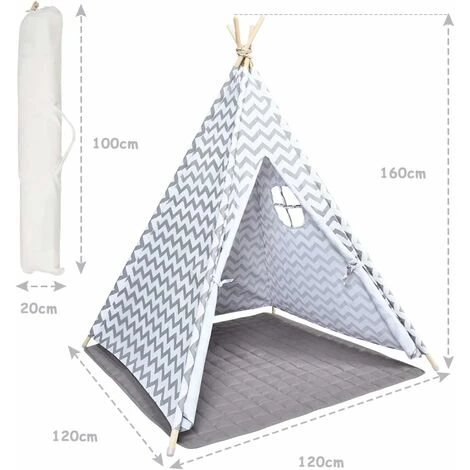 COSTWAY Tenda Da Gioco Indiana Per Bambini, Teepee Di Cotone Con Tappetino Imbottito, Custodia Per Il Trasporto, Grigio, Alto 160cm 7 COSTWAY Tenda Da Gioco Indiana Per Bambini, Teepee Di Cotone Con Tappetino Imbottito, Custodia Per Il Trasporto, Grigio, Alto 160cm - immagine 5