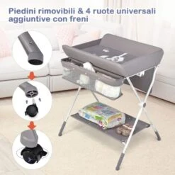 COSTWAY Fasciatoio Pieghevole Per Neonati, Mobile Tavolo Cambio Pannolini 4 In 1 Portatile, Altezza Regolabile, 75x80x99-105 Cm, Con Ruote E Cintura Di Sicurezza, Portata Massima 30 Kg (Grigio) -Cameretta Per Bambini 25178325 3
