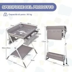 COSTWAY Fasciatoio Pieghevole Per Neonati, Mobile Tavolo Cambio Pannolini 4 In 1 Portatile, Altezza Regolabile, 75x80x99-105 Cm, Con Ruote E Cintura Di Sicurezza, Portata Massima 30 Kg (Grigio) -Cameretta Per Bambini 25178325 5