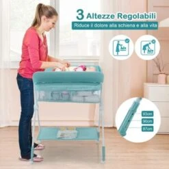 COSTWAY Fasciatoio Pieghevole Per Neonati, Mobile Tavolo Cambio Pannolini 4 In 1 Portatile, Altezza Regolabile, 75x80x99-105 Cm, Con Ruote E Cintura Di Sicurezza, Portata Massima 30 Kg (Azzurro) -Cameretta Per Bambini 25178336 3