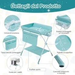 COSTWAY Fasciatoio Pieghevole Per Neonati, Mobile Tavolo Cambio Pannolini 4 In 1 Portatile, Altezza Regolabile, 75x80x99-105 Cm, Con Ruote E Cintura Di Sicurezza, Portata Massima 30 Kg (Azzurro) -Cameretta Per Bambini 25178336 4
