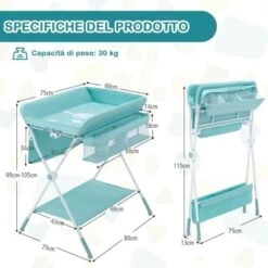 COSTWAY Fasciatoio Pieghevole Per Neonati, Mobile Tavolo Cambio Pannolini 4 In 1 Portatile, Altezza Regolabile, 75x80x99-105 Cm, Con Ruote E Cintura Di Sicurezza, Portata Massima 30 Kg (Azzurro) -Cameretta Per Bambini 25178336 5