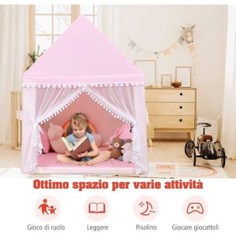 Tenda Da Gioco Casetta Per Bambini, Castello Giocattolo Tenda, Legno Cotone, 120x105x140 Cm (Rosa) 4 Tenda Da Gioco Casetta Per Bambini, Castello Giocattolo Tenda, Legno Cotone, 120x105x140 Cm (Rosa) - immagine 2