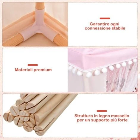 Tenda Da Gioco Casetta Per Bambini, Castello Giocattolo Tenda, Legno Cotone, 120x105x140 Cm (Rosa) 5 Tenda Da Gioco Casetta Per Bambini, Castello Giocattolo Tenda, Legno Cotone, 120x105x140 Cm (Rosa) - immagine 3