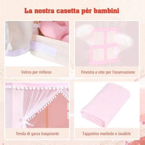 Tenda Da Gioco Casetta Per Bambini, Castello Giocattolo Tenda, Legno Cotone, 120x105x140 Cm (Rosa) 6 Tenda Da Gioco Casetta Per Bambini, Castello Giocattolo Tenda, Legno Cotone, 120x105x140 Cm (Rosa) - immagine 4
