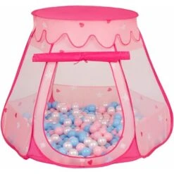 Selonis Tenda 105X90cm/100 Palline Castello Con Palline Colorate Per Bambini, Rosa:Azzurro/Rosa Chiaro/Perla