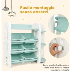 Mobile Contenitore Porta Giochi, Scaffale Organizzatore Per Giocattoli, Con 6 Contenitori Ripiano E Angoliera, 110 X 35 X 92 Cm -Cameretta Per Bambini 28883552 3