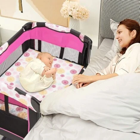 Lettino Da Viaggio Per Neonati Box Portatile, Lettino Pieghevole Con Ruote E Materassino, Borsa Di Trasporto E Giochi Inclusi, Rosa 4 Lettino Da Viaggio Per Neonati Box Portatile, Lettino Pieghevole Con Ruote E Materassino, Borsa Di Trasporto E Giochi Inclusi, Rosa - immagine 2