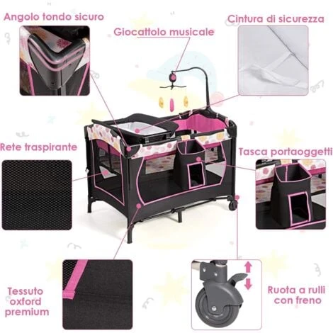 Lettino Da Viaggio Per Neonati Box Portatile, Lettino Pieghevole Con Ruote E Materassino, Borsa Di Trasporto E Giochi Inclusi, Rosa 6 Lettino Da Viaggio Per Neonati Box Portatile, Lettino Pieghevole Con Ruote E Materassino, Borsa Di Trasporto E Giochi Inclusi, Rosa - immagine 4