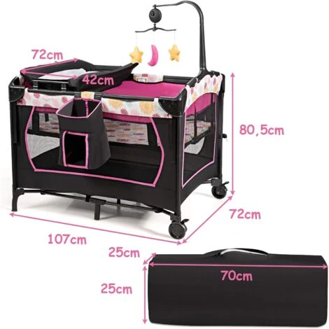 Lettino Da Viaggio Per Neonati Box Portatile, Lettino Pieghevole Con Ruote E Materassino, Borsa Di Trasporto E Giochi Inclusi, Rosa 7 Lettino Da Viaggio Per Neonati Box Portatile, Lettino Pieghevole Con Ruote E Materassino, Borsa Di Trasporto E Giochi Inclusi, Rosa - immagine 5