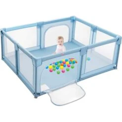 COSTWAY Box Per Bambini Centro Attività Portatile Per Neonati, Rete Traspirante, 190 X 150 X 70cm (Blu)