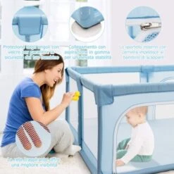COSTWAY Box Per Bambini Centro Attività Portatile Per Neonati, Rete Traspirante, 190 X 150 X 70cm (Blu) -Cameretta Per Bambini 28990638 3