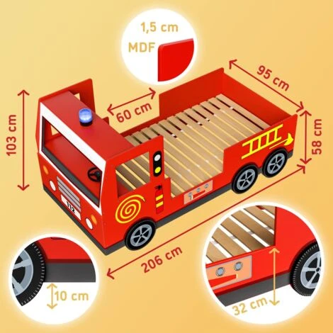 Letto Per Bambini Lettino Design Vigili Del Fuoco Stile Pompieri 200x90 Cm Legno Con Rete A Doghe Ruote 3D Sirena E Manubrio 5 Letto Per Bambini Lettino Design Vigili Del Fuoco Stile Pompieri 200x90 Cm Legno Con Rete A Doghe Ruote 3D Sirena E Manubrio - immagine 3