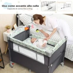 Lettino Culla Da Viaggio Per Neonati E Bambini, Box Portatile Pieghevole, Con Materassino Ruote E Borsa, Grigio 120x100x70 Cm -Cameretta Per Bambini 29880566 3