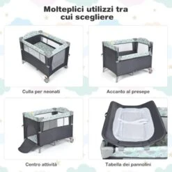 Lettino Culla Da Viaggio Per Neonati E Bambini, Box Portatile Pieghevole, Con Materassino Ruote E Borsa, Grigio 120x100x70 Cm -Cameretta Per Bambini 29880566 4
