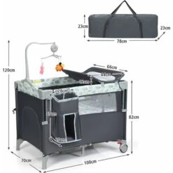 Lettino Culla Da Viaggio Per Neonati E Bambini, Box Portatile Pieghevole, Con Materassino Ruote E Borsa, Grigio 120x100x70 Cm -Cameretta Per Bambini 29880566 5