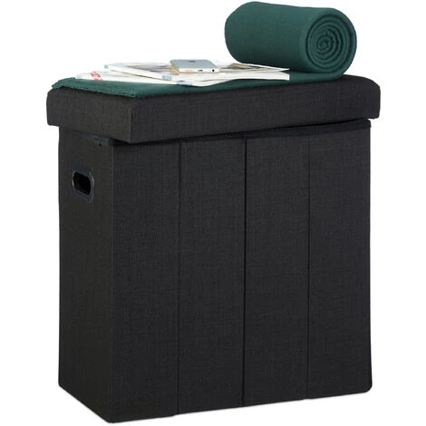 Relaxdays Sgabello Pieghevole, HxLxP: 49,5x46x25,5 Cm, Pouf Contenitore, Lino, Poliestere, Legno MDF, Colore Nero 3 Relaxdays Sgabello Pieghevole, HxLxP: 49,5x46x25,5 Cm, Pouf Contenitore, Lino, Poliestere, Legno MDF, Colore Nero