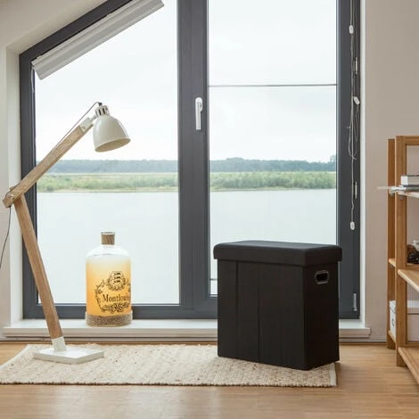 Relaxdays Sgabello Pieghevole, HxLxP: 49,5x46x25,5 Cm, Pouf Contenitore, Lino, Poliestere, Legno MDF, Colore Nero 4 Relaxdays Sgabello Pieghevole, HxLxP: 49,5x46x25,5 Cm, Pouf Contenitore, Lino, Poliestere, Legno MDF, Colore Nero - immagine 2