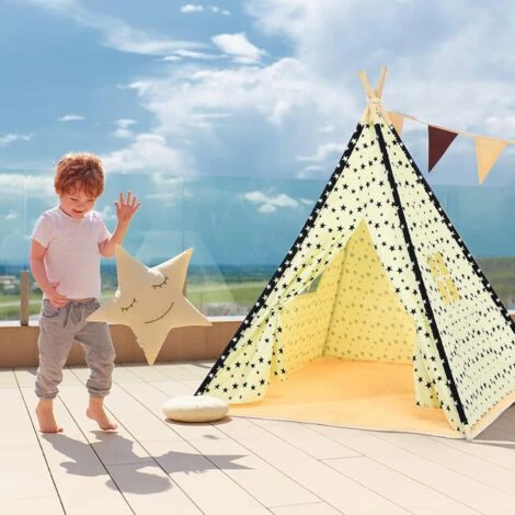 COSTWAY Tenda Da Gioco Indiana Per Bambini, Tenda Teepee Pieghevole Con Finestra, Capanna In Cotone Naturale Con Tappetino, Tenda Da Interno Ed Esterno Per Bambini 4 COSTWAY Tenda Da Gioco Indiana Per Bambini, Tenda Teepee Pieghevole Con Finestra, Capanna In Cotone Naturale Con Tappetino, Tenda Da Interno Ed Esterno Per Bambini - immagine 2